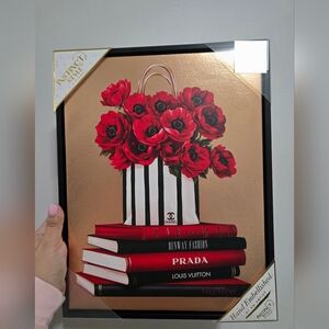 Wall Art, Striped Bag with Red Flowers Art Print, Fancy Luxury Names 11X14"